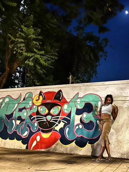 A cat, the moon, my art, and a whole lot of attitude. This is me in my element as Vrek13, my street art tag. I turn blank city walls into bold stories, one spray can at a time.