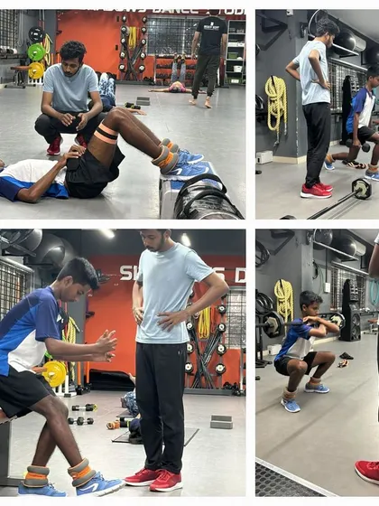 This is what sport-specific training looks like. We're working with a young tennis player, focusing on building lower body strength for powerful court movement and core stability for rotational power, all while being supervised by an expert trainer.