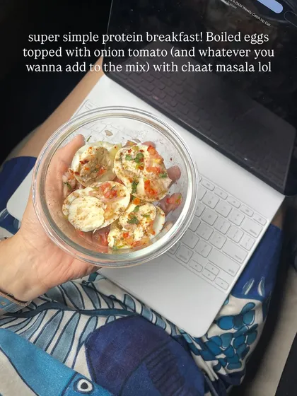My go-to simple protein breakfast. Boiled eggs with onion, tomato, and chaat masala. It's quick, easy, and keeps me energized.