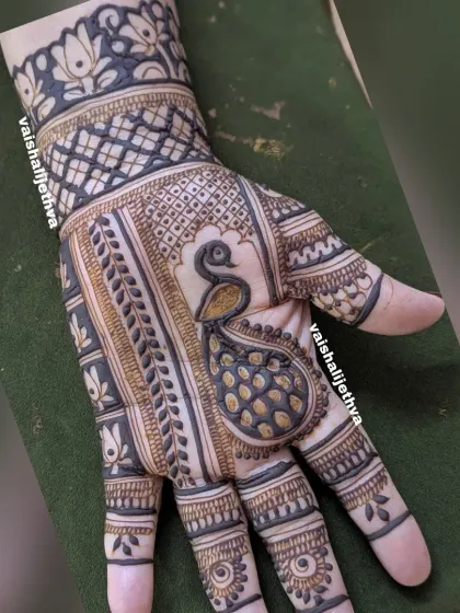 A bold and beautiful design centered around a large peacock, using negative space to make the motif pop.