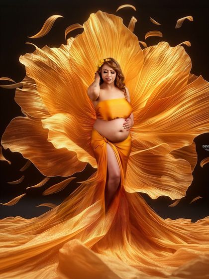 A stunning artistic portrait using a giant fabric flower and falling petals effect. The golden-yellow gown glows against the dark background, creating a truly magical and unique image.