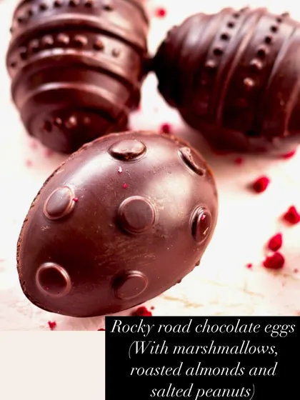 For a truly decadent treat, I make these rocky road chocolate eggs. They are filled with marshmallows, roasted almonds, and salted peanuts for a wonderful mix of textures.