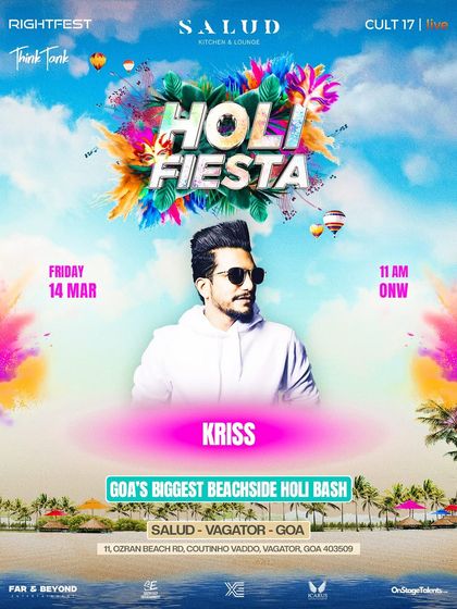 An artist poster for Kriss at the "Holi Fiesta" in Goa. The beachside theme is carried through with bright, sunny colors and ocean backdrops.