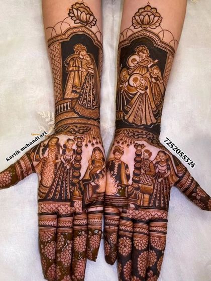 This design captures multiple family moments. The palms show a family portrait, while the forearms feature a romantic couple and a musician, telling a story of love and celebration.
