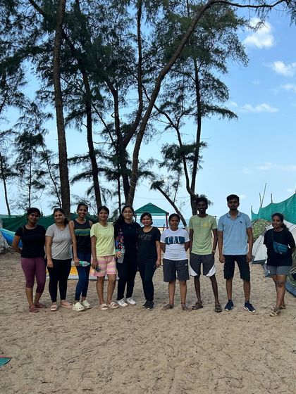 Our group at the beach campsite in Gokarna, ready for a night of music, bonfire, and stargazing by the sea.