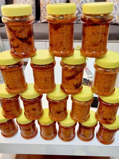 A pyramid of pickle jars, showing a large order ready for dispatch. I can handle both small and large orders for my customers.