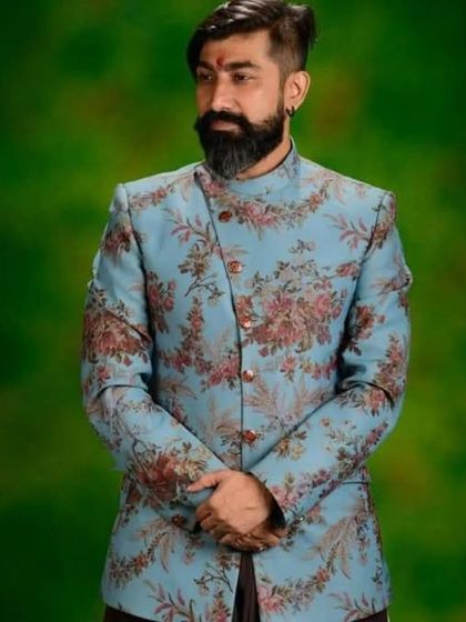 A floral print Jodhpuri jacket in a striking shade of blue. This is a great example of how I use modern prints on traditional silhouettes for a fresh and stylish outcome.