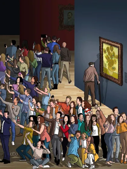 My commentary on how technology mediates our experience of art. A crowd of people in a museum turn their backs on a masterpiece, all trying to capture the perfect selfie instead of looking at the art itself. An older man, perhaps the artist, is the only one truly seeing it.