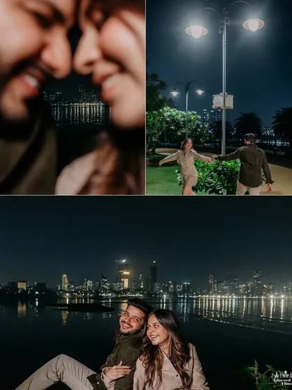 A collage of romantic moments from a night shoot in Mumbai. It features an intimate close-up, a playful chase, and a beautiful portrait with the city's glittering skyline as the backdrop.