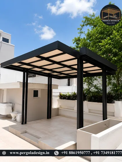 Another angle of the versatile black steel pergola, highlighting its sturdy construction and the ample space it provides. This structure is a blank canvas for creating a dream outdoor area.