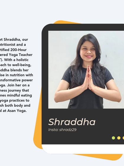 Meet Shraddha, our Nutritionist and a certified 200-Hour RYT. She blends her expertise in nutrition with the transformative power of yoga for a truly holistic approach to well-being.