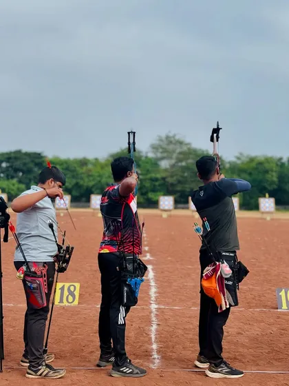 Our archers on the shooting line at the Senior State Competition, shooting in the compound bow category.
