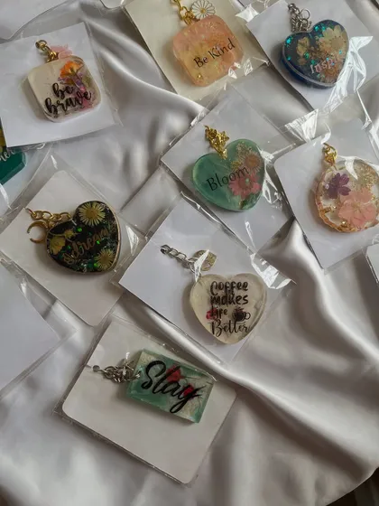 A variety of my handmade keychains, all part of the moving out sale. Find the one that speaks to you.