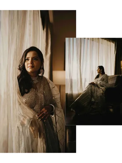 A collection of artistic portraits of the bride-to-be. We use natural light from a window to create a soft, elegant mood for these indoor shots.