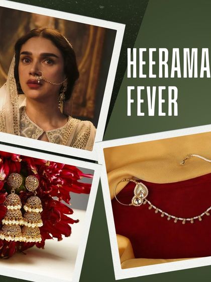 Adorn yourself with jewellery inspired by Heeramandi's iconic looks. This collage showcases some of our rental jhumkas and naths that will give you that perfect vintage vibe.