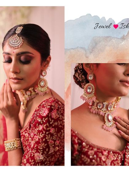 A two-panel image showing the bride's full look and a detailed shot of the Polki choker and maang tikka.
