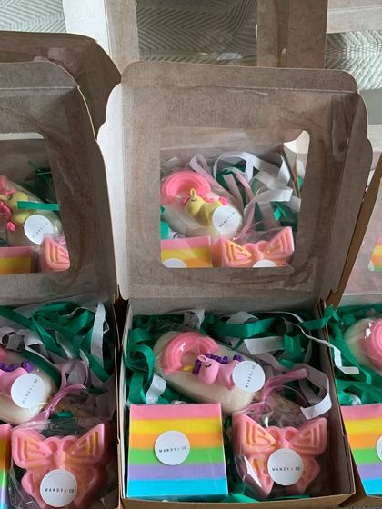 A dreamy trio of unicorn-themed soaps: the Unicorn Popsicle, Rainbow Soap Bar, and Butterfly Soap, all handcrafted with care.