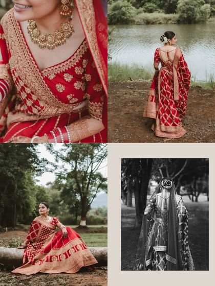 A collection of detailed bridal shots, showcasing the back of her lehenga, her jewelry, and a stunning black and white profile. These images highlight the artistry of her entire look.