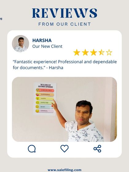 "Fantastic experience! Professional and dependable for documents." Thank you, Harsha, for your feedback. We take pride in being a reliable partner for all document related services, ensuring accuracy and professionalism every time.