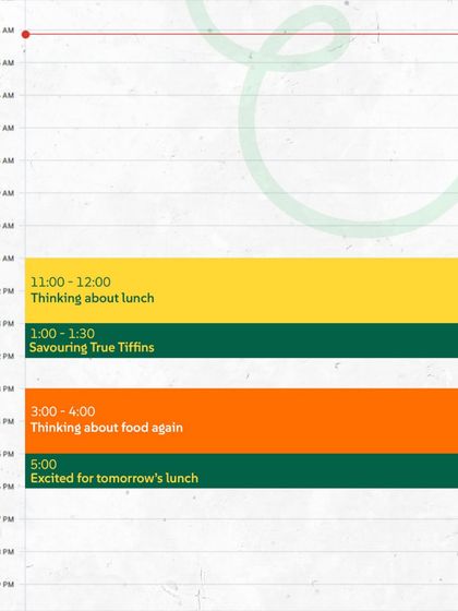 A look at my daily schedule: 11:00 - Thinking about lunch. 1:00 - Savoring True Tiffins. 3:00 - Thinking about food again. Relatable, right?