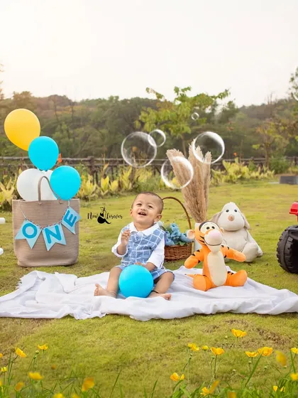 A wide shot of the beautiful outdoor picnic setup for a first birthday. The combination of props, toys, and the natural environment creates a lovely scene.