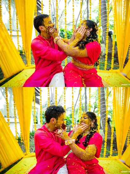 A playful moment with the couple applying haldi to each other.