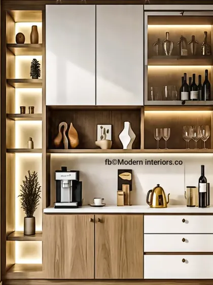 An elegant crockery and bar unit designed for a modern dining space. It features a mix of open-lit shelves for display, closed cabinets for storage, and a countertop area for serving, all highlighted by warm, integrated backlighting.