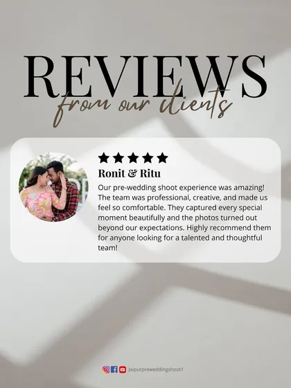 A lovely review from Ronit and Ritu, who found their pre-wedding shoot experience to be amazing, professional, and creative, resulting in photos that were beyond their expectations.
