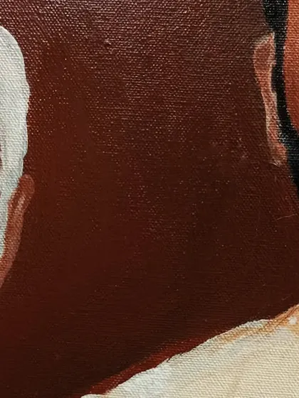 A close-up detail of the father and son portrait, showing the texture of the canvas and the brushwork used to define their features.