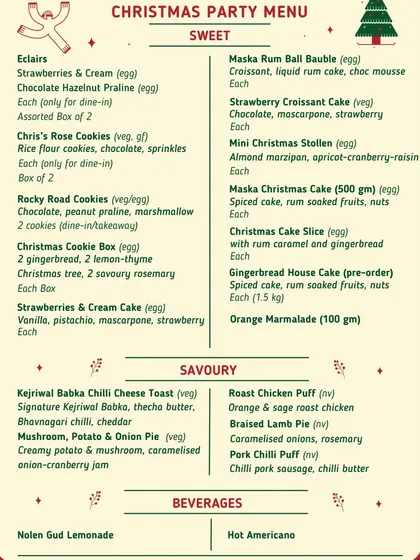 Our complete Christmas Party Menu, featuring a delicious mix of sweet and savory options. From Maska Rum Ball Baubles to Roast Chicken Puffs, we have everything you need for a festive feast.