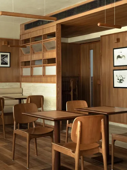 A general view of the cafe's interior, showing the cohesive design language.