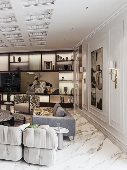 This render shows the open-plan layout, with the living area's custom shelving and curated decor creating a sophisticated backdrop.