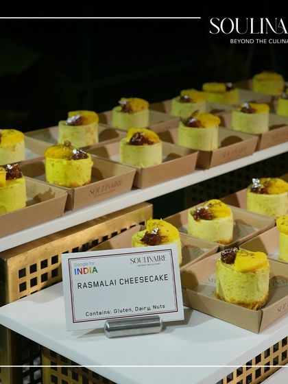 Rasmalai Cheesecake served in individual portions at the Google for India event. A perfect example of our innovative Indian-fusion desserts.