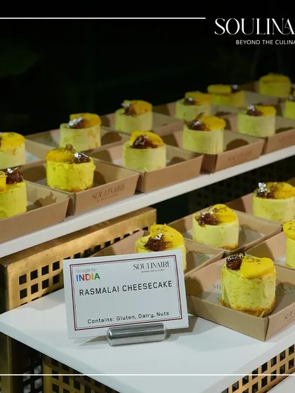 Rasmalai Cheesecake served in individual portions at the Google for India event. A perfect example of our innovative Indian-fusion desserts.