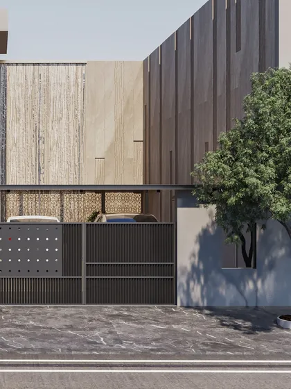 The facade of our Ludhiana villa project is an expression of modern elegance, featuring a dynamic interplay of textured stone and warm wood panels. The sleek gate design with perforated details adds a contemporary, graphic element.