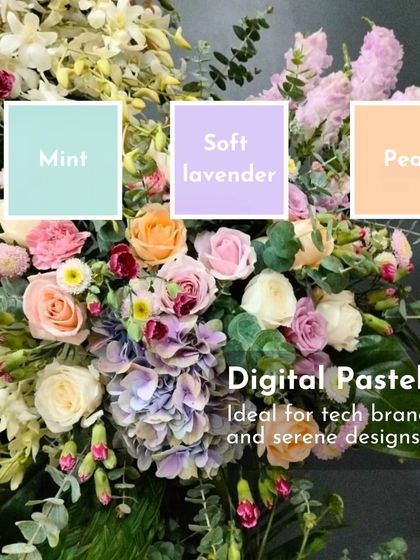 This arrangement features digital pastels like soft lavender, mint, and peach. This color trend is ideal for modern, serene designs.