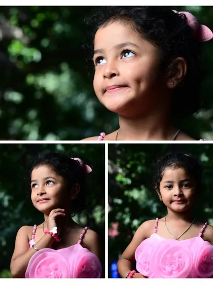 A collage of outdoor portraits of a 7-year-old girl in a pink dress, looking up at the sky with wonder.