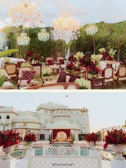 A collage capturing the essence of the royal Jaipur wedding, from the grand floral mandap and chandelier-lit lounges to the stunning palace backdrop.