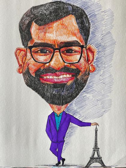 This commissioned caricature was drawn with color pens on A3 paper. The cross-hatching technique adds a lot of texture and personality. Adding a small detail like the Eiffel Tower makes it even more personal for the client.