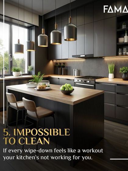 Sign 5: Impossible to clean. If every wipe-down feels like a workout, your kitchen is not working for you. I use non-porous, easy-to-clean materials that make maintenance a breeze.