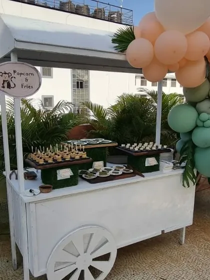 Our adorable popcorn and fries cart is a huge hit at kids' parties. We can also serve other fun treats from this station, like mini pancake stacks.