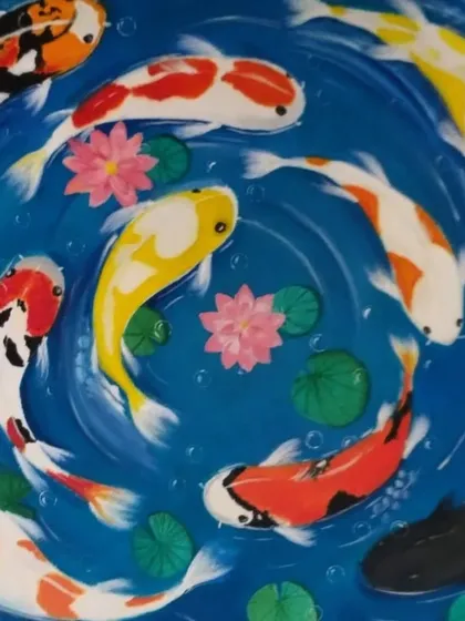 This oil painting of nine koi fish was a custom request from a client. In Japanese culture, koi symbolize luck and prosperity, and the single black fish is believed to absorb negative energy.