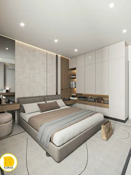 A modern bedroom with a unique wardrobe design that incorporates open shelving and a built-in nightstand. The color palette is a soothing mix of grey and light wood.