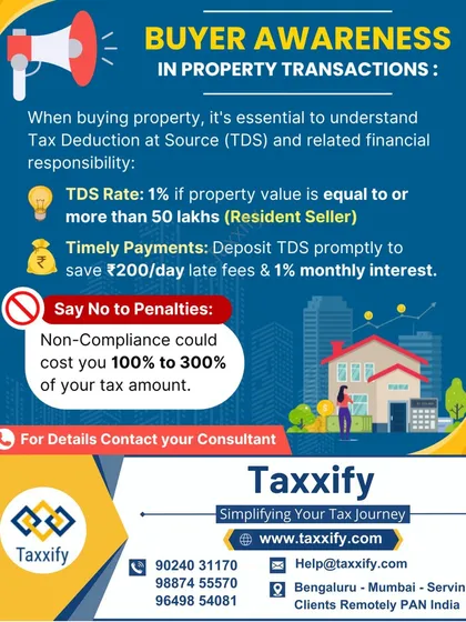 If you are buying a property valued at ₹50 lakhs or more from a resident, you are responsible for deducting 1% TDS. This infographic serves as a buyer awareness guide, explaining the TDS rate, the importance of timely payment, and the severe penalties for non-compliance.