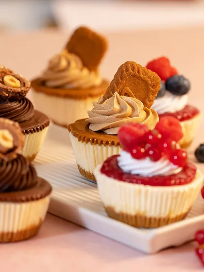 A closer look at my baby cheesecakes. These individual treats are perfect for dessert tables and allow your guests to sample multiple delicious flavors.