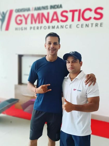 With gymnast Saif Tamboli at the Odisha AM/NS India Gymnastics High Performance Centre. Proud of the effort from all the boys at the World Challenge Cup.