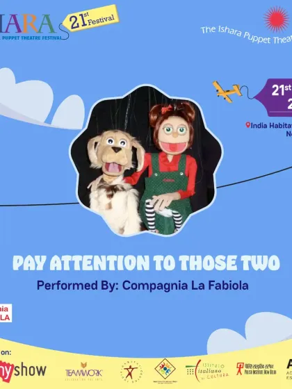 The charming poster for 'Pay Attention to Those Two' from Italy, featuring the mischievous duo of Fabiola and her dog Giulio. This artwork promises a hilarious and uplifting string puppet adventure.