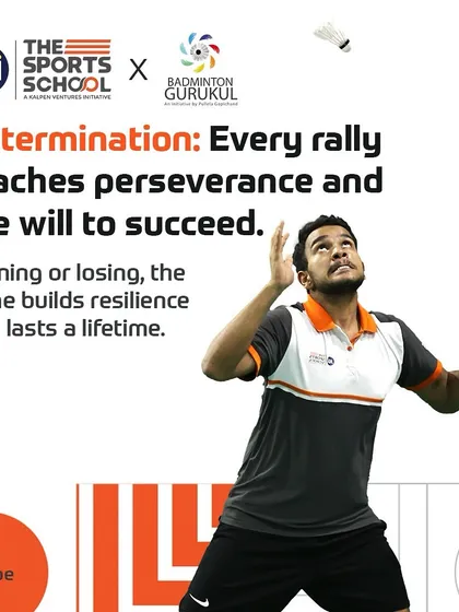 Infographics paired with action shots, illustrating how badminton builds focus, teamwork, agility, and determination.