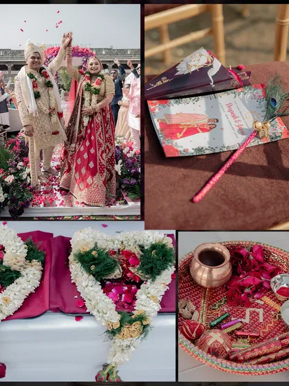 The wedding mandap, adorned in shades of pink and purple, symbolized everlasting love. The scenic landscape of Udaipur added an ethereal charm to the ceremony.