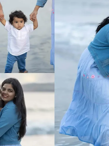 A collection of sweet moments from a beach photoshoot, including a toddler's first steps in the sand and loving embraces.